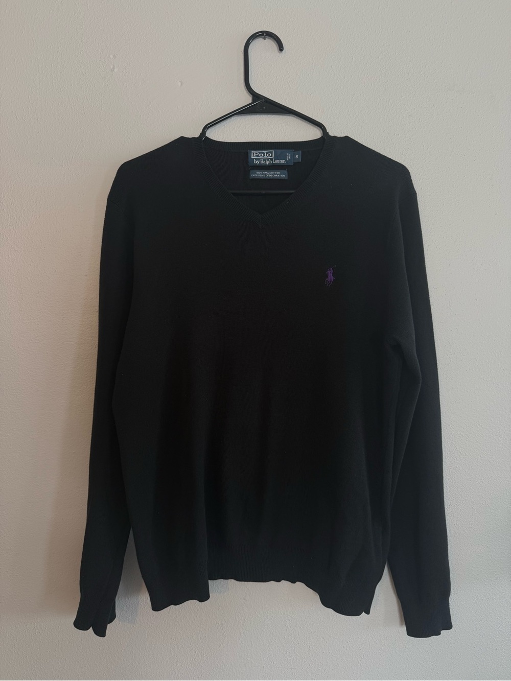 Polo Ralph Lauren Black Pima Cotton V-Neck Sweater Purple Pony - Men’s S
